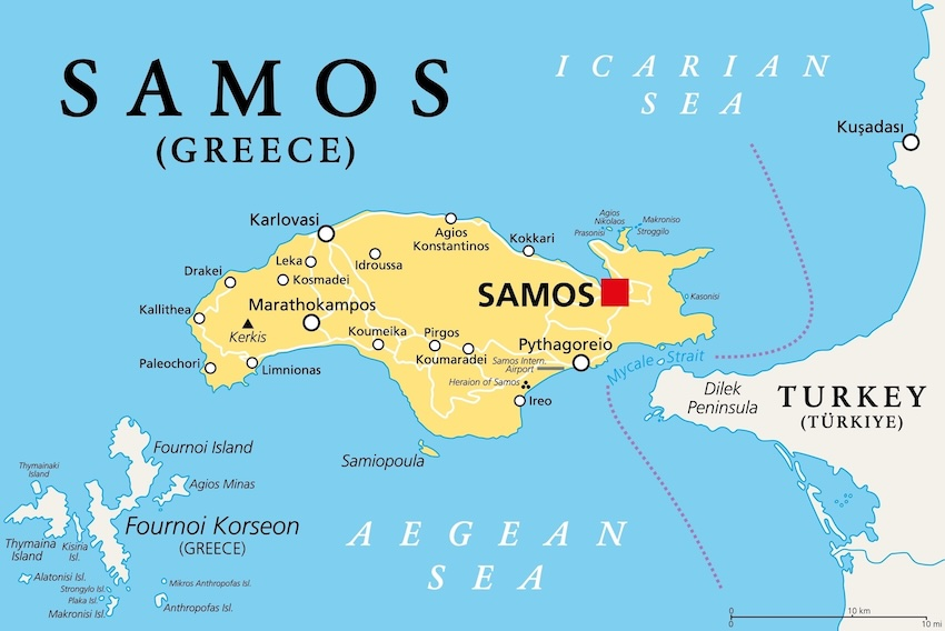 Map of Samos island showing its location in the Aegean Sea near Turkey